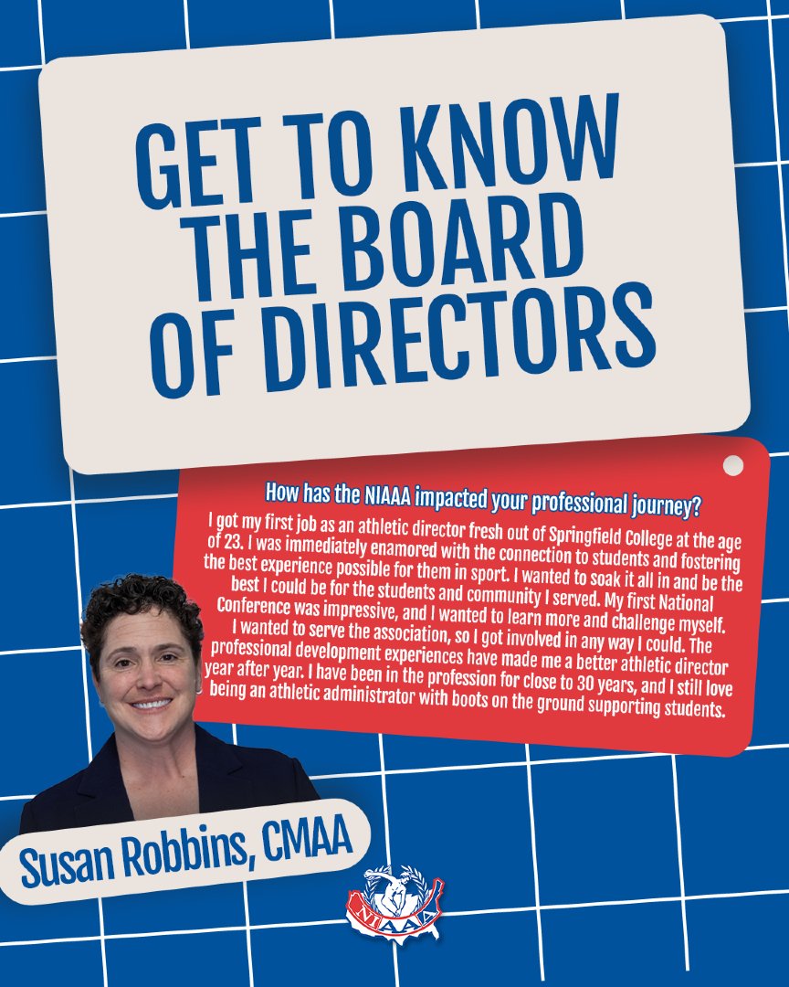 NIAAA9100's tweet photo. Meet our newest board member! β¨
Help us welcome Susan Robbins, CMAA, representing the great state of Maine! Weβre excited to have her expertise on the team as we continue to support and advocate for athletic administrators nationwide.
#Leadership #NIAAA #AthleticAdmin https://t.co/b9E3oag4Ym