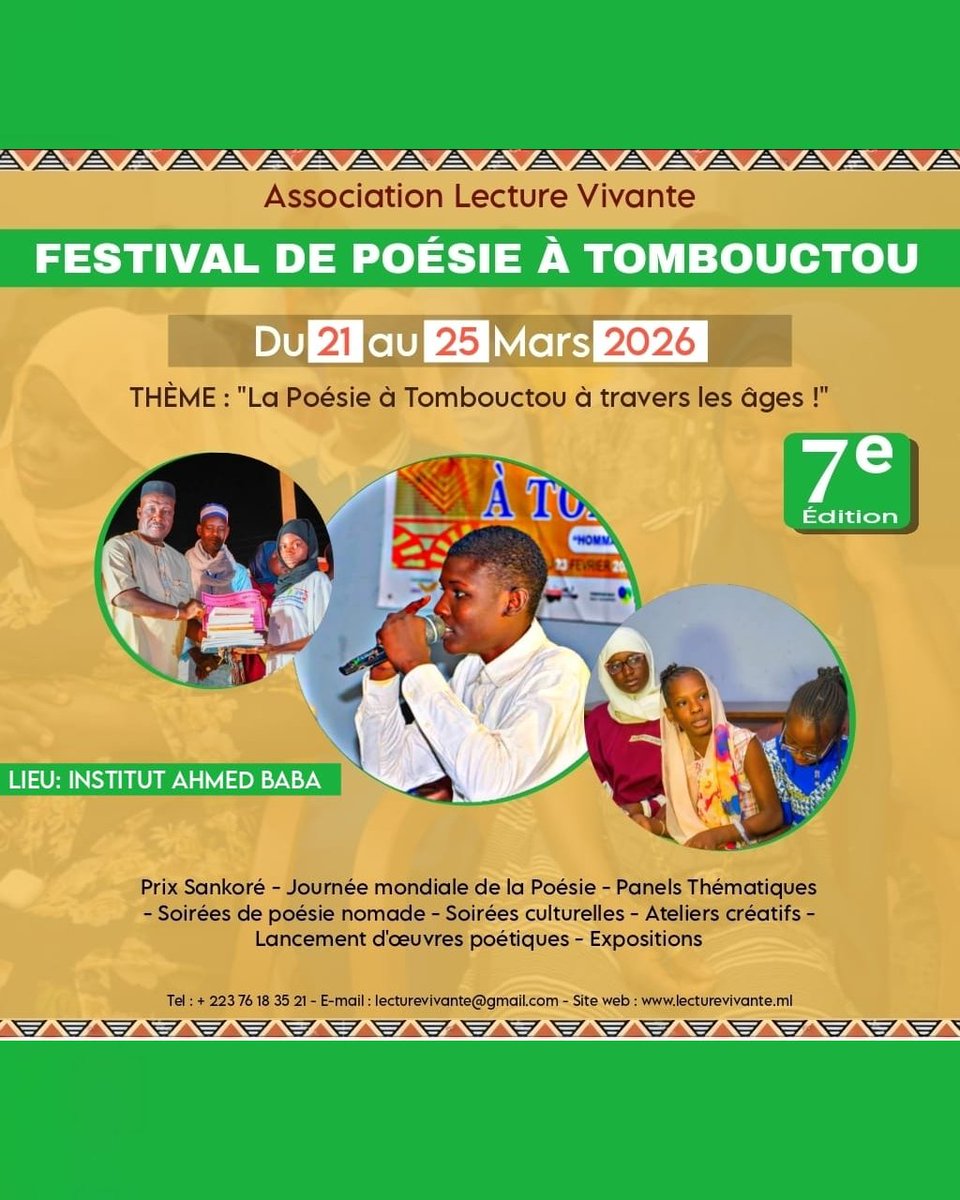 Casaafrica's tweet photo. ✏️Festival de poesía de Tombuctú
📆Del 21 al 25 de marzo
📍En Tombuctú, Mali
Con @Lecture_Vivante
👉https://t.co/OpTk6HcqKB https://t.co/o9uYHAfsd7
