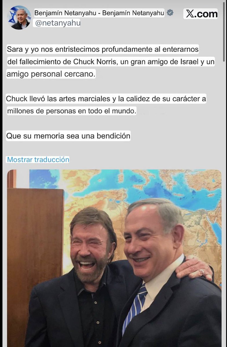 🇮🇱🇺🇸🕊 Netanyahu lamenta la muerte de Chuck Norris, lo recuerda como un amigo de Israel.

#Iran #EEUU #Israel #conflicto #Irak #Guerra #Qatar #Libano #Trump #ArabiaSaudita #geopolitica #Dubai #IranWar #Netanyahu