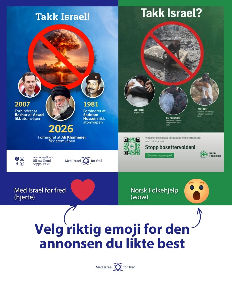 miffno's tweet image. Etter at MIFF trykket en helsides annonse i 8 aviser, reagerte Norsk Folkehjelp og lagde sin egen versjon av vårt design. Men med et helt annerledes budskap. Hvem sitt budskap og annonse synes du var best?
Velg ❤️ for MIFF eller 😮 for Norsk Folkehjelp.

#annonse #avis