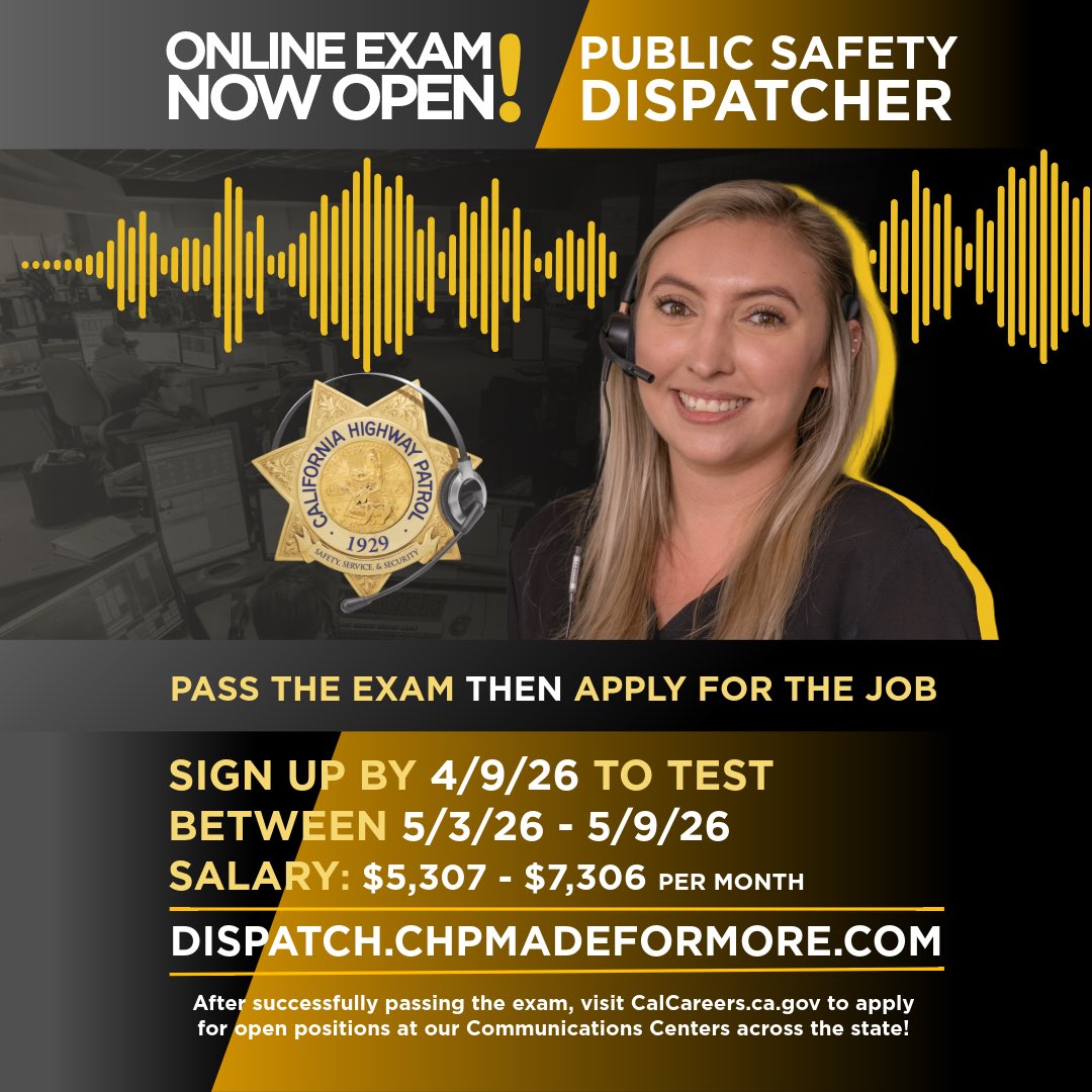 CHP_SD_Traffic's tweet image. 📞🚨🚔

Join the California Highway Patrol as a Dispatcher or Operator - where quick thinking, calm under pressure, &amp;amp; teamwork save lives everyday day.

Apply today.

dispatch.chpmadeformore.com

#CHP #Dispatcher #Operator #CHPmadeformore