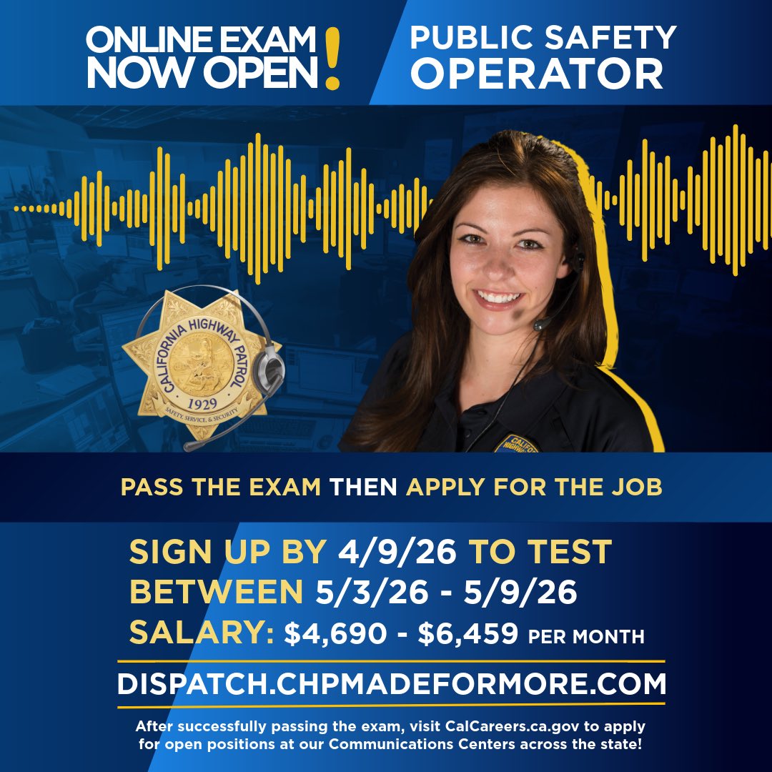 CHP_SD_Traffic's tweet image. 📞🚨🚔

Join the California Highway Patrol as a Dispatcher or Operator - where quick thinking, calm under pressure, &amp;amp; teamwork save lives everyday day.

Apply today.

dispatch.chpmadeformore.com

#CHP #Dispatcher #Operator #CHPmadeformore