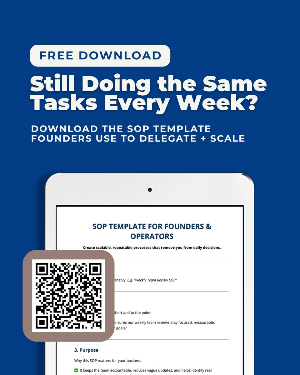 "📥 FREE Download: SOP Template for Founders &amp; Operators

✅ Step-by-step process
✅ Clear ownership + responsibilities
✅ QA checklist + bonus tools

📲 Scan the QR code on the image to get the template instantly.
📌 Save this if your team still runs on memory."