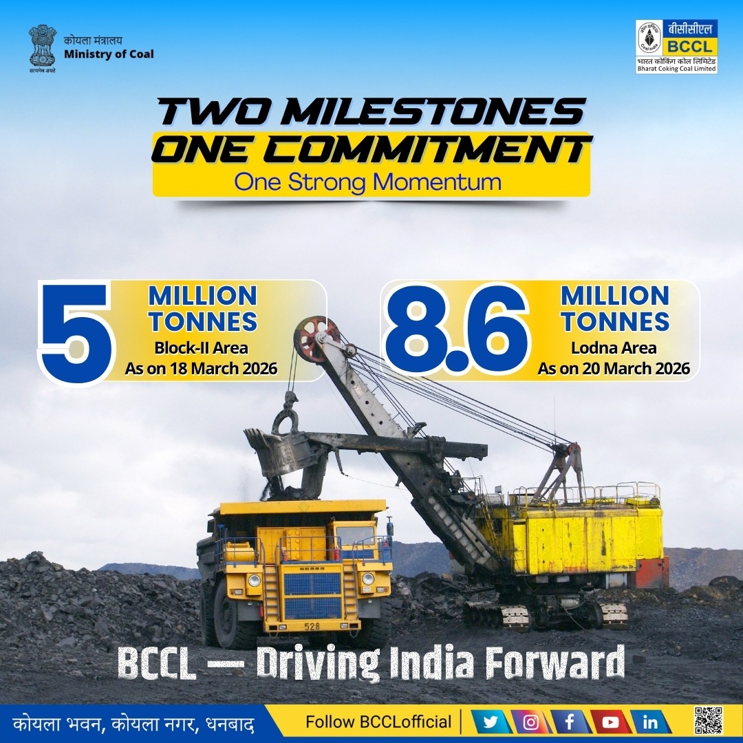 BCCLofficial's tweet photo. Marking a significant milestone, Lodna Area of BCCL has crossed 8.6 Million Tonnes of coal production as on 20th March 2026.
Adding to this achievement, Block-II Area continues its strong performance, reaching 5 Million Tonnes of coal production till 18th March 2026.
Together, these accomplishments highlight the dedication, resilience, and coordinated efforts of Team BCCL.

#BCCL #coalproduction #energy #coalindia #TeamBCCL
