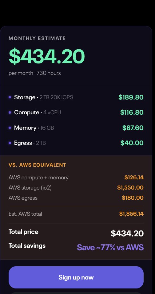 nirvanalabsai's tweet photo. Shopping for a new cloud?

Run the numbers first.

See how much you actually save with Nirvana → our pricing calculator does the math ⚡

https://t.co/dbsx0f93km

#BlockStorage #io2 #EBS #gp3 #ModernCloud #IOPS https://t.co/Om6NoYt1wI