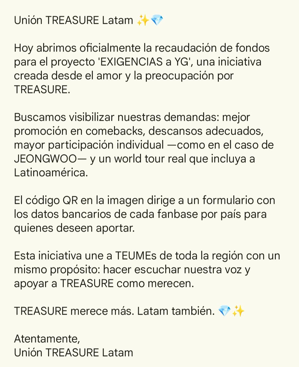 TREASUREArg's tweet photo. #TEUME 🗣️

Abrimos donaciones para llevar nuevamente nuestros reclamos a YG!!

🔗https://t.co/jJUUeMYmsW

Nuestras voces tienen que ser escuchadas.

TREASURE DESERVES WORLD TOUR!!!
#TreasureDeservesBetter
#LatamDeservesTREASURE 
@ygent_official @ygtreasuremaker https://t.co/MootL3YpH1