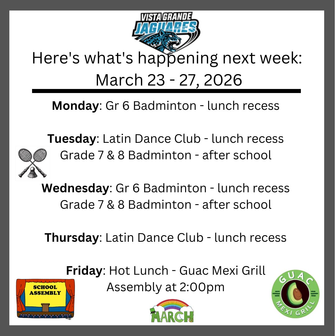 Here's what's happening next week at Escuela Vista Grande!
