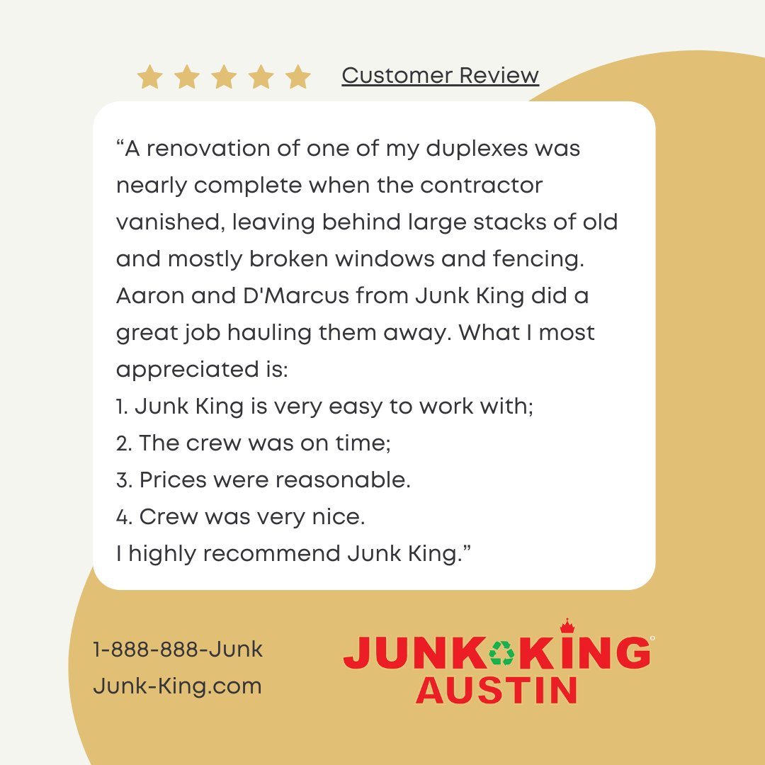 AustinJunkKing's tweet photo. When your contractor disappears, Junk King Austin shows up. 💪 Easy to work with, on time, fair prices, and a crew that actually cares. Aaron and D'Marcus to the rescue! 📞 1-888-888-JUNK https://t.co/ZxszcfmOcL