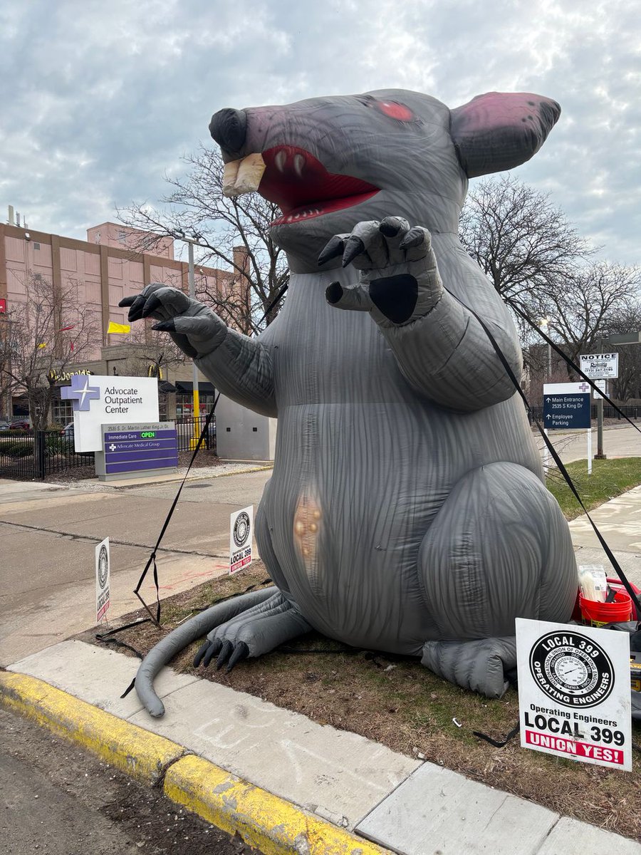 IUOELocal399's tweet photo. Scabby's back! 🐀 Our team is bannering at Advocate Health Care Sykes Outpatient Center today until noon. #AdvocateHealthCare #UnionBusting #NotMyHospital https://t.co/SsZFosjRpZ