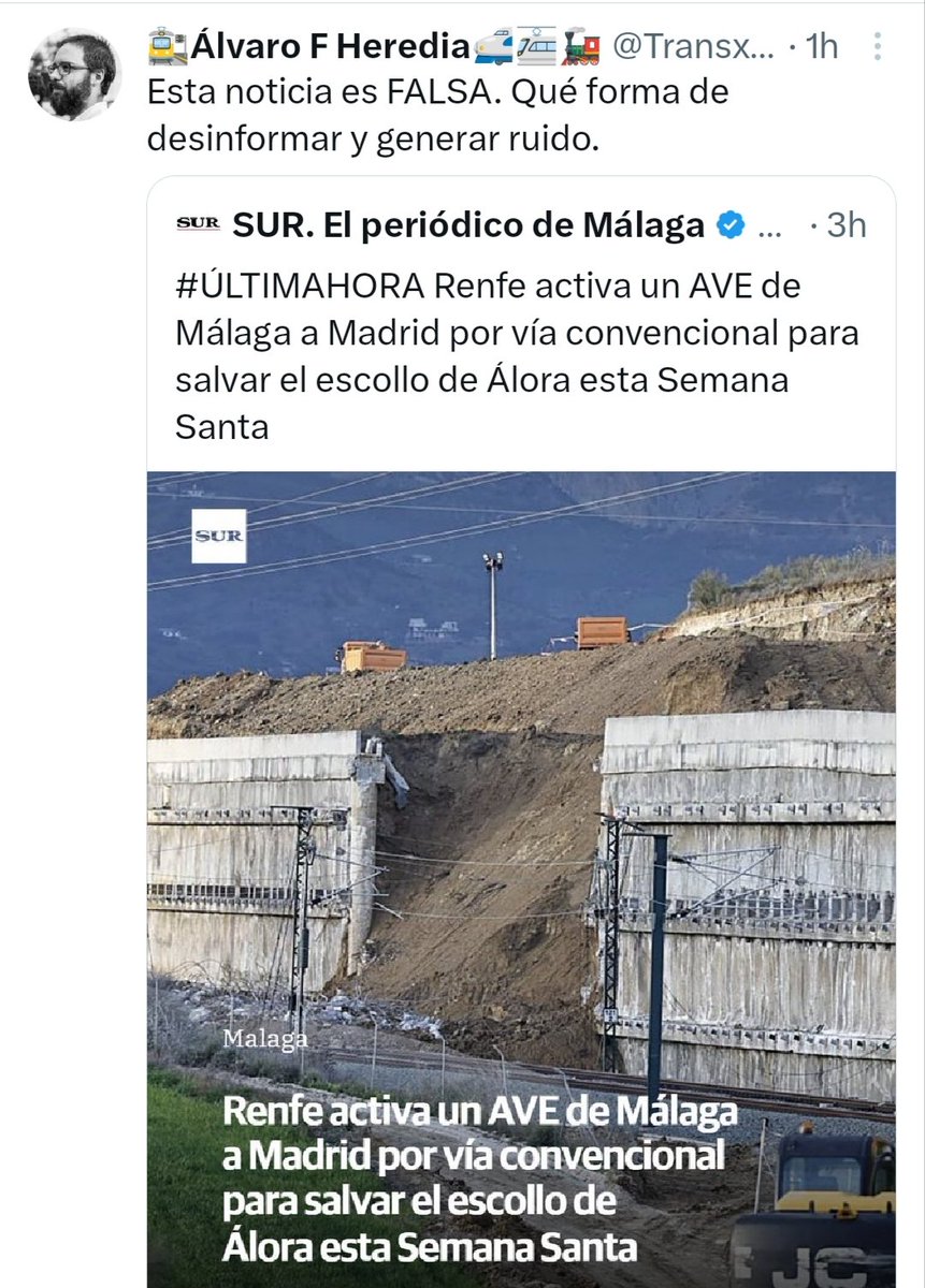 #OJO

El presidente de <a href="/Renfe/">Renfe</a>, #ÁlvaroFHeredia <a href="/Transxte/">🚉Álvaro F Heredia🚅🚈🚂</a> , desmiente al ultra <a href="/DiarioSUR/">SUR. El periódico de Málaga</a> de <a href="/Javier_Recio/">J. Recio</a>, que sigue publicando bulos y degradando la profesión periodística.
.