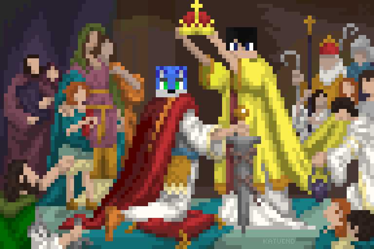 katuend's tweet photo. A #pixelart based upon "The Coronation of Charlemagne" by Friedrich Kaulbach (1861), but interpreted into pixels and with the #Minecraft colour pallet. Commissioned by Speki to add themselves in. This was a great and fun challenge to keep true to the original! https://t.co/pGzPyx5ELU