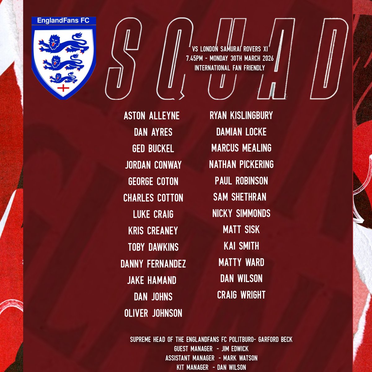 Squad Announcement |

Manager Garford Beck has named his 25 man squad to face London Samurai Rovers a week on Monday!

🏴󠁧󠁢󠁥󠁮󠁧󠁿🦁⚽️