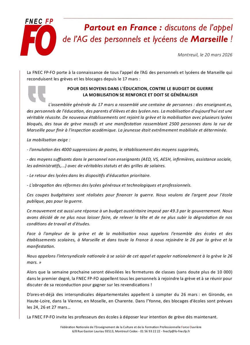 La FNEC FP-FO appelle à discuter partout de l'appel des lycées marseillais à les rejoindre dans la grève pour l'annulation des suppressions de postes, contre le budget de guerre.
#26mars