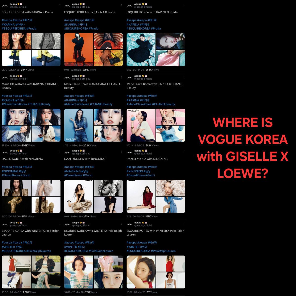 codename_ae's tweet photo. WHERE IS VOGUE KOREA WITH GISELLE X LOEWE?
GISELLE DESERVES BETTER
#RESPECTFORGISELLE
#TREATGISELLEFAIRLY
#GISELLEDESERVESBETTER
@aespa_official @SMTOWNGLOBAL https://t.co/5IKVC1WUVj