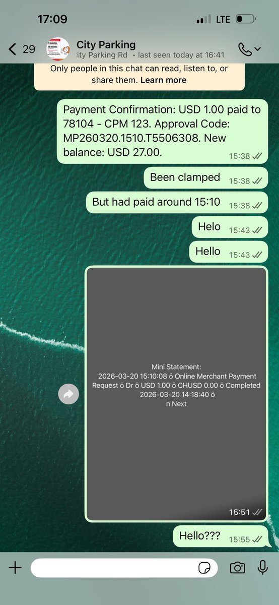 doctravaz's tweet photo. @CityParkingHre I got clamped after having paid using *192#. 
I parked at 14:18 and made the first payment. Realizing that my business was taking longer, i made another payment at 15:10 before the initial ticket had expired. 
Only to come out at 15:30 to find my car clamped. https://t.co/x8A6SYAElR