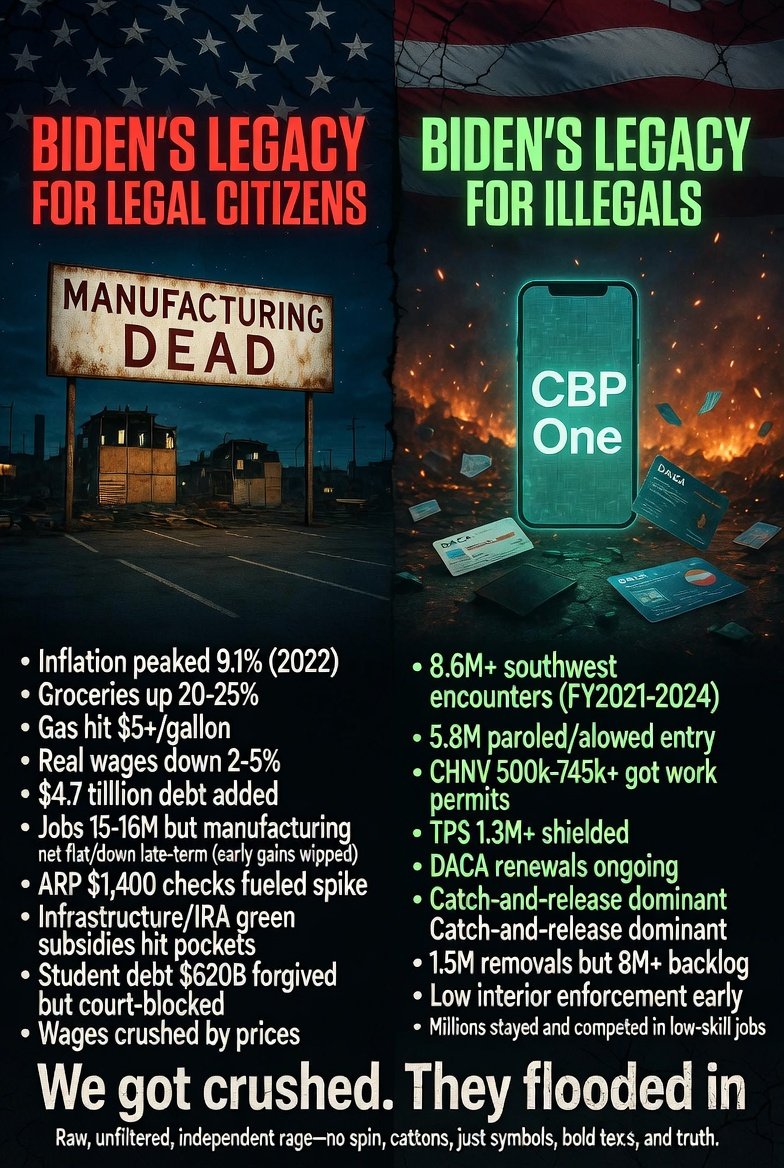 JustJayDogeCoin's tweet image. Bottom line: bidens illegal legacy

Illegals flooded in—millions paroled, TPS/DACA shielded, competed for jobs. Citizens? Paid for the party—higher costs, trillions borrowed, wages eaten. No heroics—just erasure, bigger scale.

#Biden