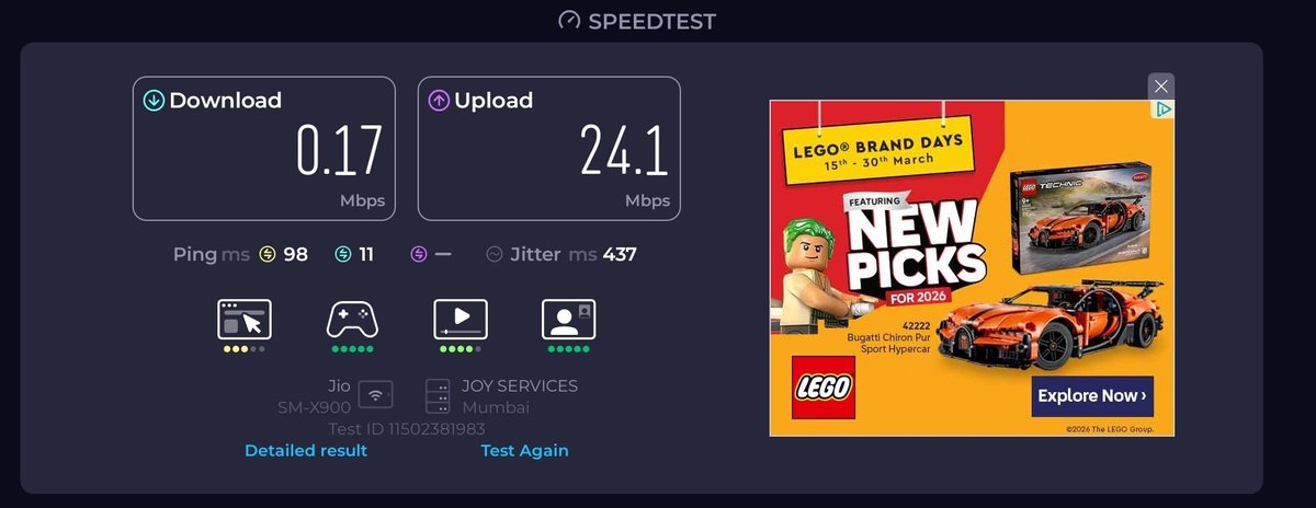 f1_desai's tweet photo. @JioCare @reliancejio Is this what “premium” internet looks like in Bandra West (Mount Mary area), Mumbai?

I’m paying for a 500 Mbps JioFiber plan and getting <1 Mbps speeds (screenshots attached from 2 different servers).

#JioFiber #Mumbai #CustomerService https://t.co/EoLxrnUcbC