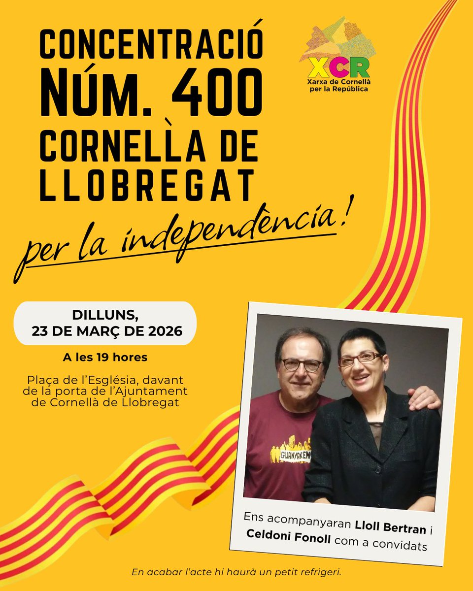 📢 Concentració núm. 400 per la independència a Cornellà de Llobregat! Us hi esperem!