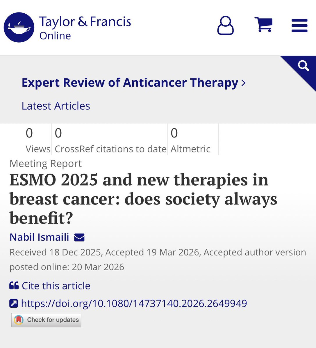 ISMAILIN1978's tweet photo. 🎉 Thrilled to share my new publication in @ExpertRev_Antic !
📄 ESMO 2025 and new therapies in breast cancer: does society always benefit?
From adjuvant CDK4/6 inhibitors to ADCs &amp; biomarker-driven strategies—while reflecting on cost, equity &amp; societal impact. https://t.co/RLT0NtgMkv