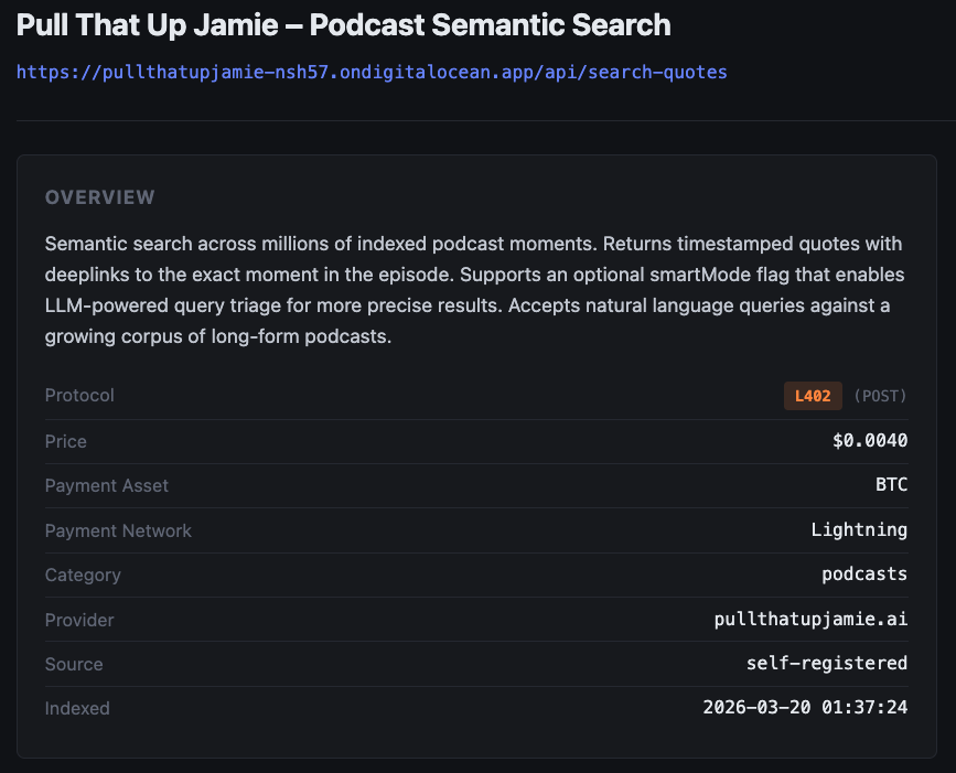 RyanTheGentry's tweet photo. 3) @PullThatUpJ_AI added semantic search across millions of indexed podcast moments. 6 sats per query ($0.004).
Returns timestamped quotes with deeplinks to the exact moment in the episode. LLM-powered smart mode optional.
Jamie, pull that up. ⚡ https://t.co/Yl7BjTDDL3