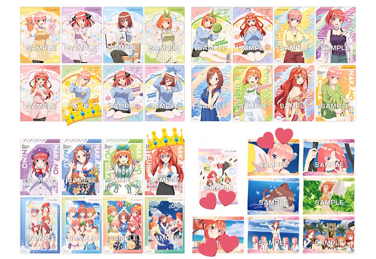 fatebebe's tweet photo. 五等分の花嫁 ごとよめ クリアカードコレクションガム クリアカード ガム 交換

求）画像① 各1 
👑＞💕

譲）画像②〜④
💖は👑との交換優先です
ウエハース⇔クリカ 1：1

郵送2枚〜、プロカ必読

一花 二乃 三玖 四葉 五月 カード https://t.co/2IceWTbDov