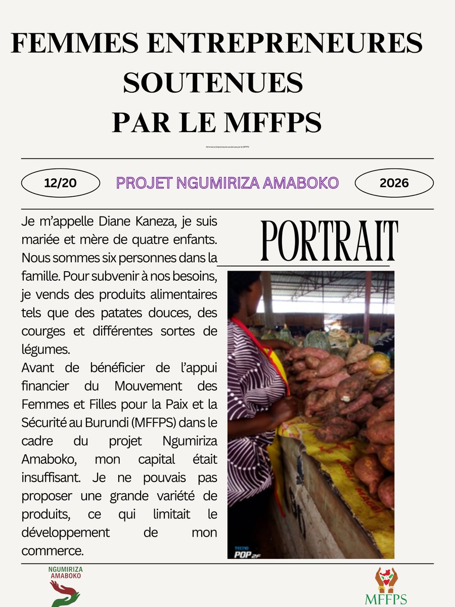 Burundi_mffps's tweet photo. À travers le projet Ngumiriza Amaboko, le #MFFPS met à l’honneur des femmes qui construisent leur autonomie et transforment leur avenir.
Pour ce douzième portrait, nous vous présentons Diane Kaneza.
#GiveToGain
#NgumirizaAmaboko