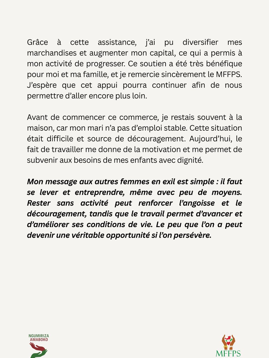 Burundi_mffps's tweet photo. À travers le projet Ngumiriza Amaboko, le #MFFPS met à l’honneur des femmes qui construisent leur autonomie et transforment leur avenir.
Pour ce douzième portrait, nous vous présentons Diane Kaneza.
#GiveToGain
#NgumirizaAmaboko