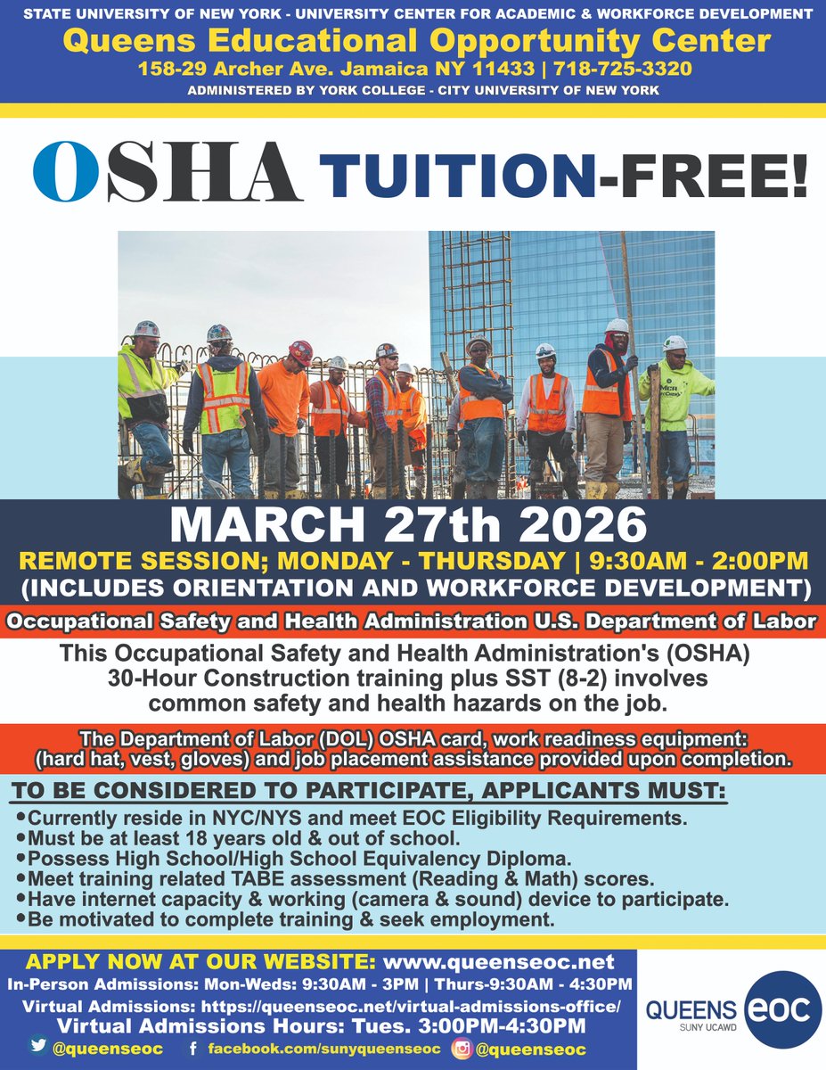 queenseoc's tweet photo. Apply now for a chance at this training program where you'll learn about health and safety hazards. Program starts March 27th 2026!

Apply now at https://t.co/9E5ku8XkZA https://t.co/p8NRZn0IB4