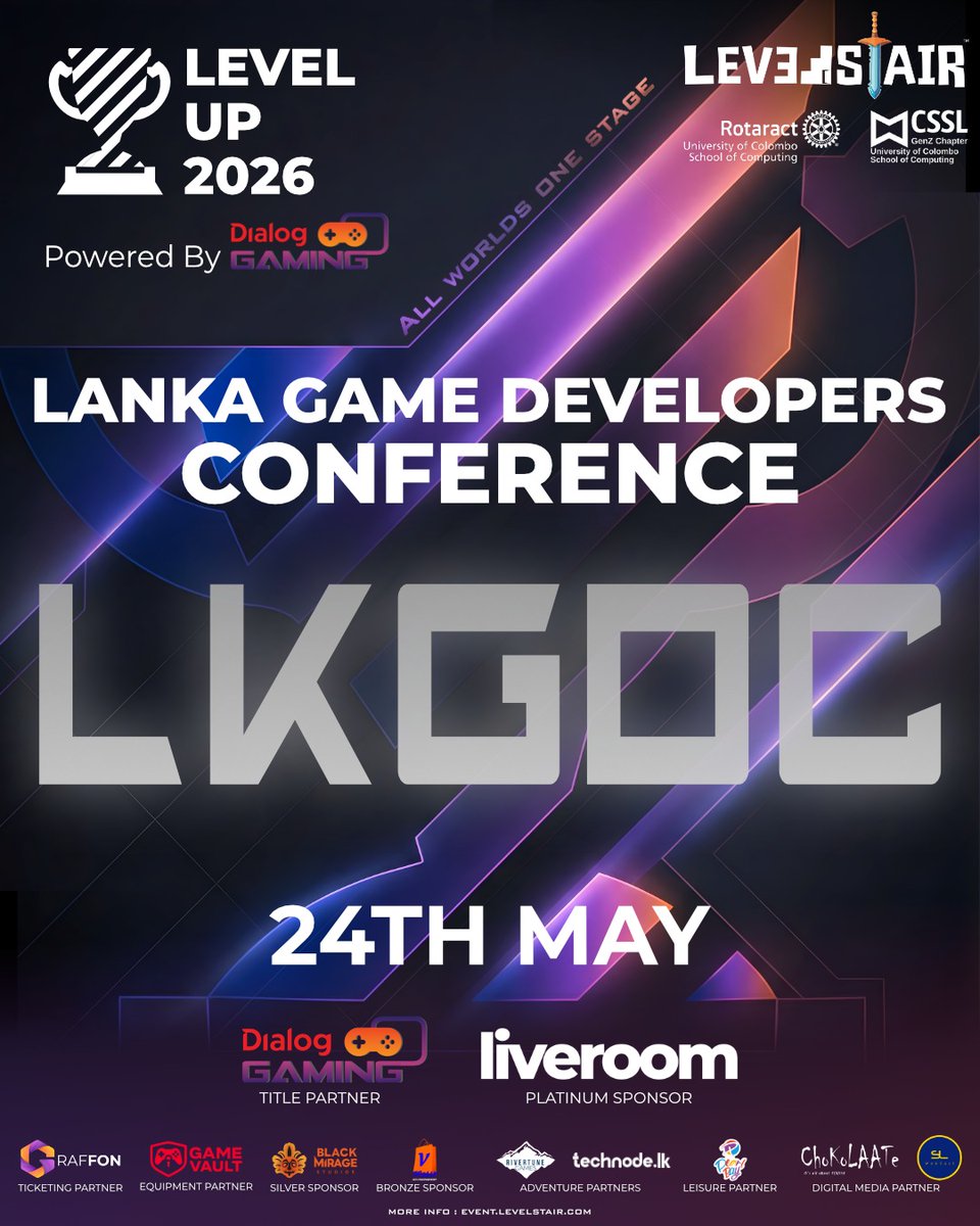 levelstair's tweet photo. The stage for developers is set. Level Up 2026 presents the Lanka Game Developers Conference (LKGDC)

Date: 24th May
Venue: Dialog Auditorium

ALL WORLDS • ONE STAGE

Event Page: https://t.co/E3OVuAzfEy

#LevelUp2026
#AllWorldsOneStage
#Levelstair
#RACUCSC
#CSSLGenZUCSC https://t.co/f87tKhoaal