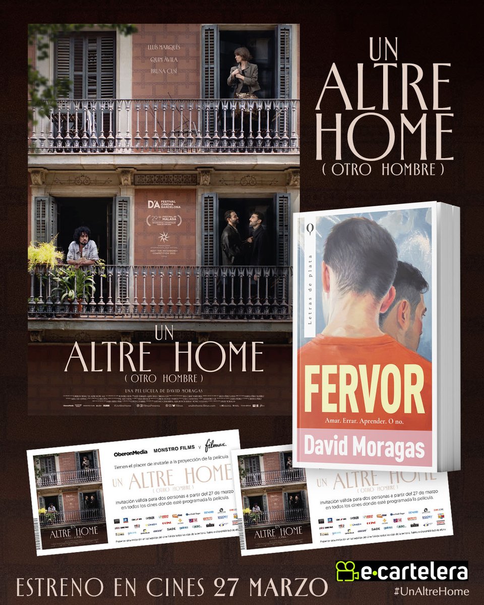 ecartelera's tweet photo. SORTEAMOS 3 packs de entrada doble para ver #UnAltreHome + 1 ejemplar de la novela 'Fervor' de David Moragas ¡27 de marzo en cines!
🔗 https://t.co/cLraBV1lHa https://t.co/6vOPK2V7zs