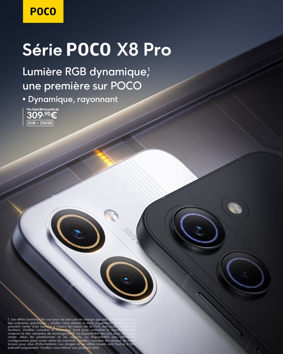 POCOFrance's tweet photo. Illuminez votre style 🤖
Avec son éclairage RGB dynamique, la #seriePOCOX8Pro donne vie à vos parties et à vos notifications.

Disponible à partir de 309,90€  👉 https://t.co/ud0srKRttF https://t.co/YocArCQeUH