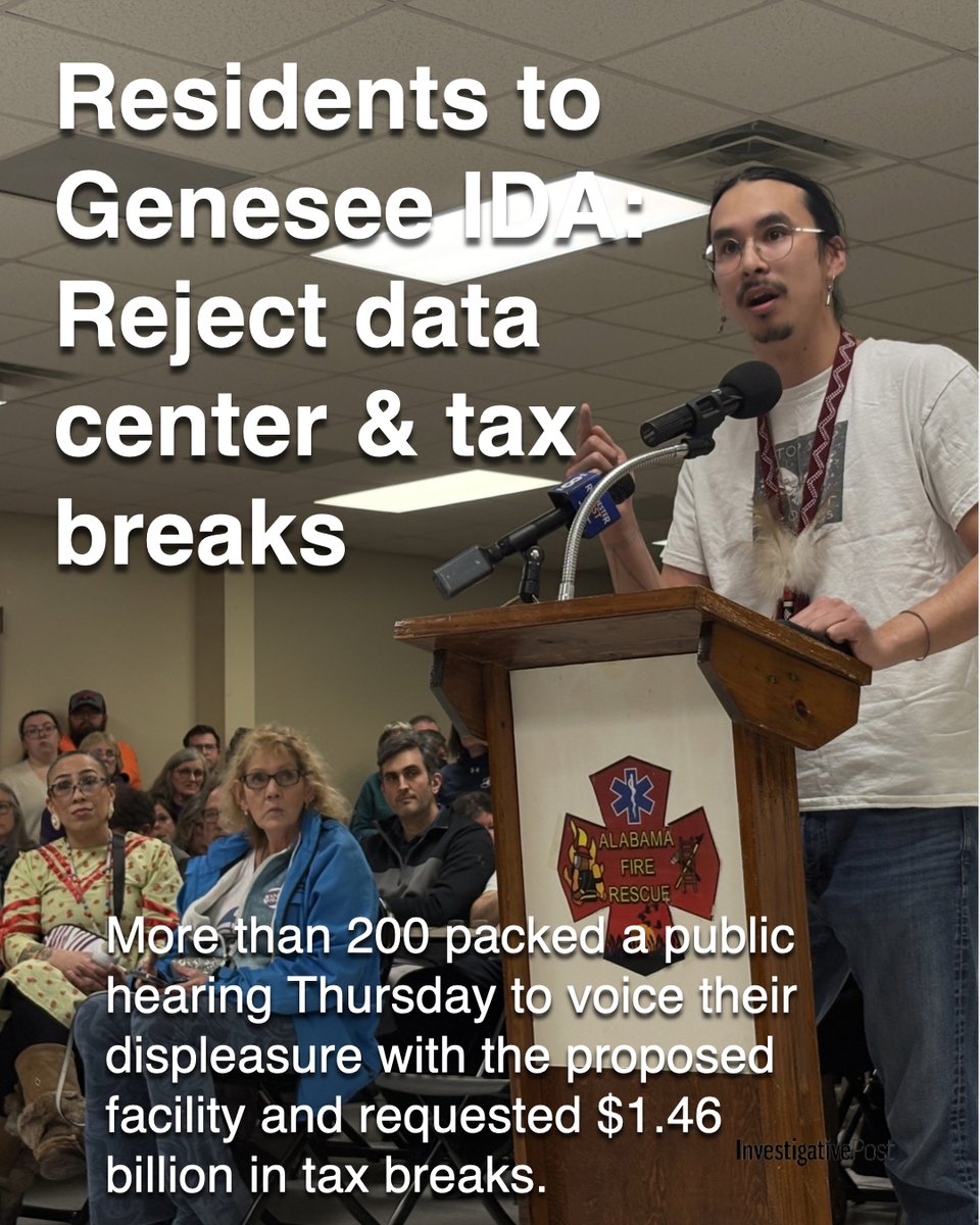 ipostnews's tweet photo. New: More than 200 residents packed a rambunctious hearing Thursday night demanding the Genesee County IDA reject a proposed data center at the STAMP industrial park.

To operate, the data center would require 500MW of electricity + $1.46B in tax breaks.

https://t.co/cyCOhw5hxK https://t.co/zjSiJIgpoZ