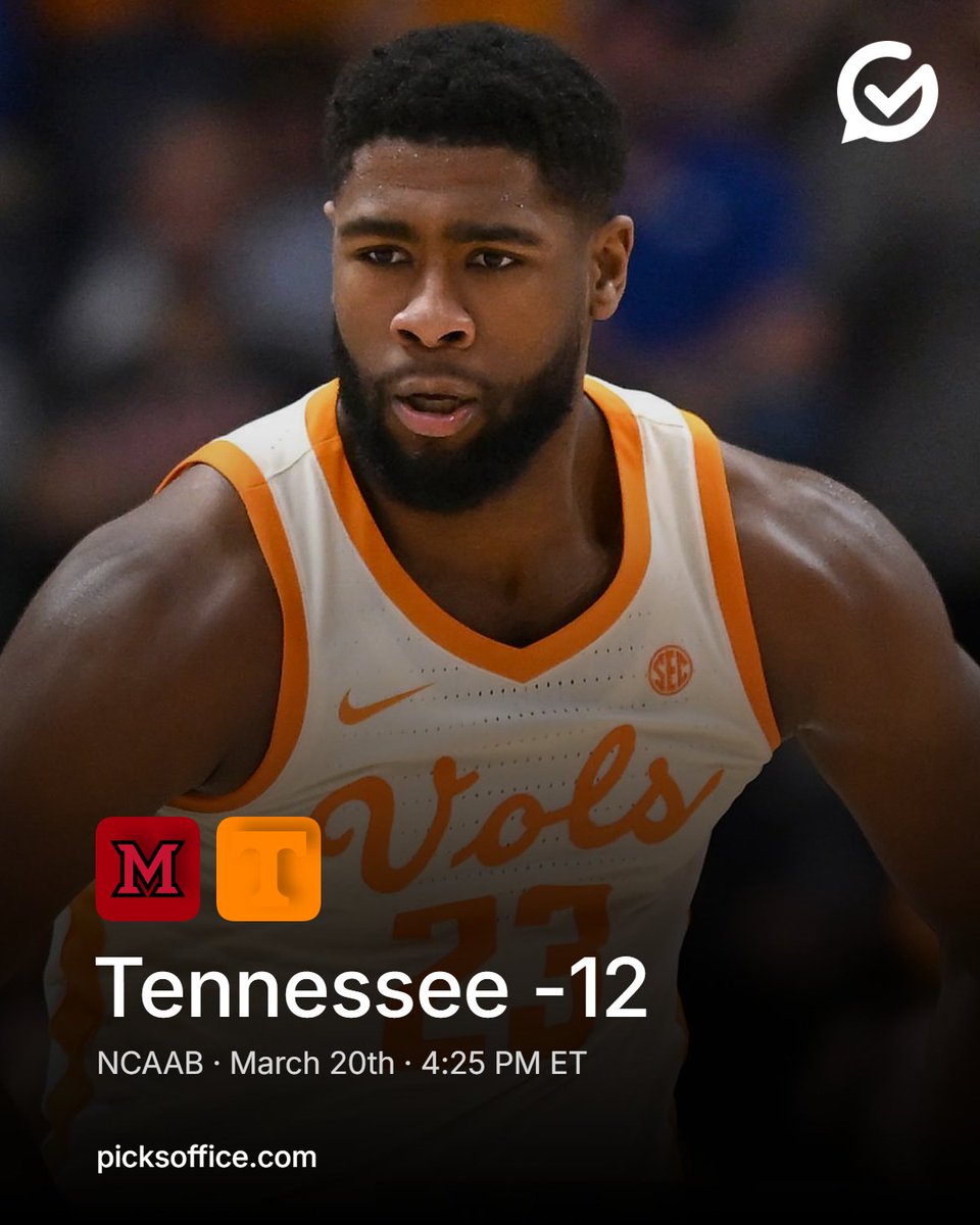 PicksOffice's tweet photo. #CBB: Miami OH @ Tennessee

Tennessee -12 @ -105 | 1 unit

Miami OH can shoot. They just drew the wrong team to live on jumpers against.

Miami OH is 1st nationally in effective field goal percentage at .611 and 8th in 3-point percentage at 39.1. Tennessee holds teams to 40.9% from the floor and 30.6% from three.

That issue gets worse after the first miss. Miami OH is 337th in offensive rebounds per game at 8.39, while Tennessee is 3rd in rebounds at 42.6 and 2nd in rebound margin at +12.8.

Miami OH's scoring defense sits 224th at 75.4 per game.

Miami OH played SMU on March 18 and needed 41 threes to get 89 points. Tennessee has not played since March 13, so the fresher and bigger frontcourt is landing in the right spot.

Can Miami OH keep Tennessee off the glass long enough for that three-point math to matter?