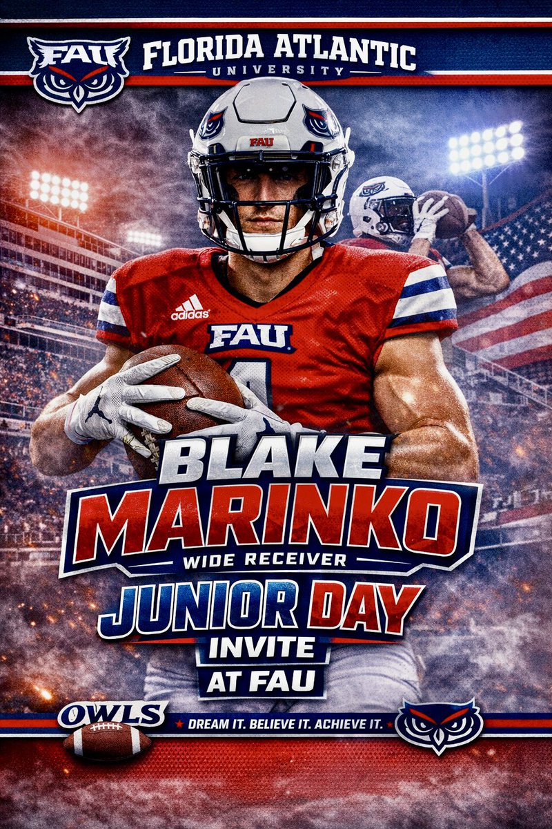 blake_marinko's tweet image. Blessed to be headed to FAU Junior Day. 
#1WR @WGRanchFootball 

Appreciate the invite @FAUOwlAthletics — looking forward to meeting @coachkittley  @fepadgett @Matty_Weez and the rest of the staff. See you in Boca! #OwlUp #JuniorDay
