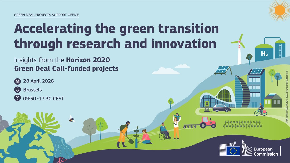 HorizonEU's tweet image. 🌍 Join the #EUGreenDeal Projects Support Office in Brussels on 28 April for 'Accelerating the Green Transition through R&amp;amp;I', a one‑day event showcasing 73+ Horizon 2020 #EUfunded projects driving sustainability through innovation.

Learn more &amp;amp; register: link.europa.eu/Ggg4hH