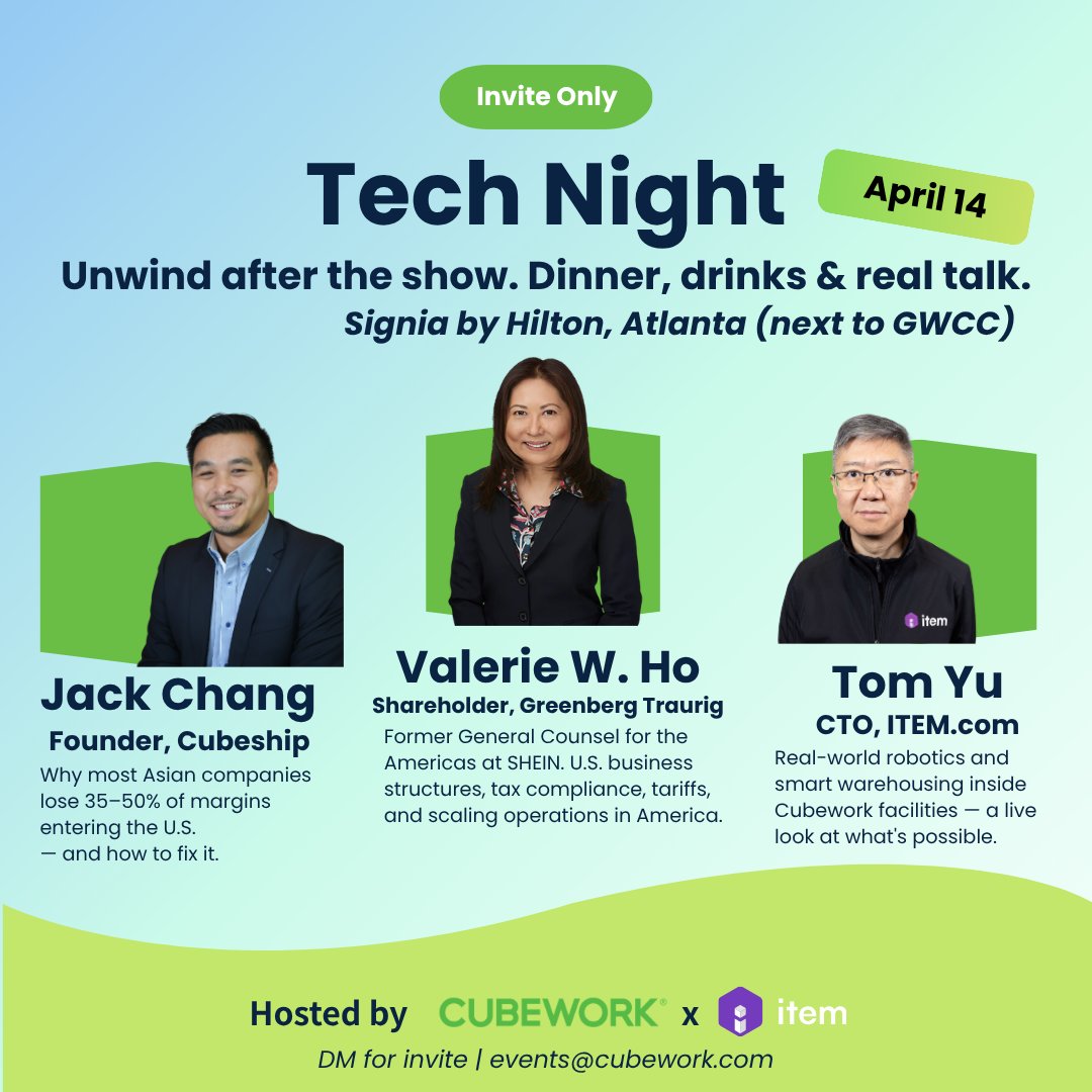 ✨ Cubework × Item present: Tech Night @ MODEX 2026 ✨

An invite-only dinner mixer in Atlanta for founders and executives from Asian companies building in North America.

In town for MODEX 2026? Join us April 14 at Signia by Hilton Atlanta for an evening off the show