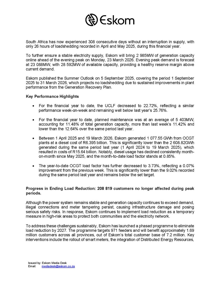 Eskom_SA's tweet photo. #PowerSystemUpdate 

✅Improved generation performance strengthens grid stability and extends South Africa’s record reliable supply period

✅Progress in Ending Load Reduction: 208 819 customers no longer affected during peak periods

#EnergySecurity #EndingLoadReduction https://t.co/AwikeKYciY