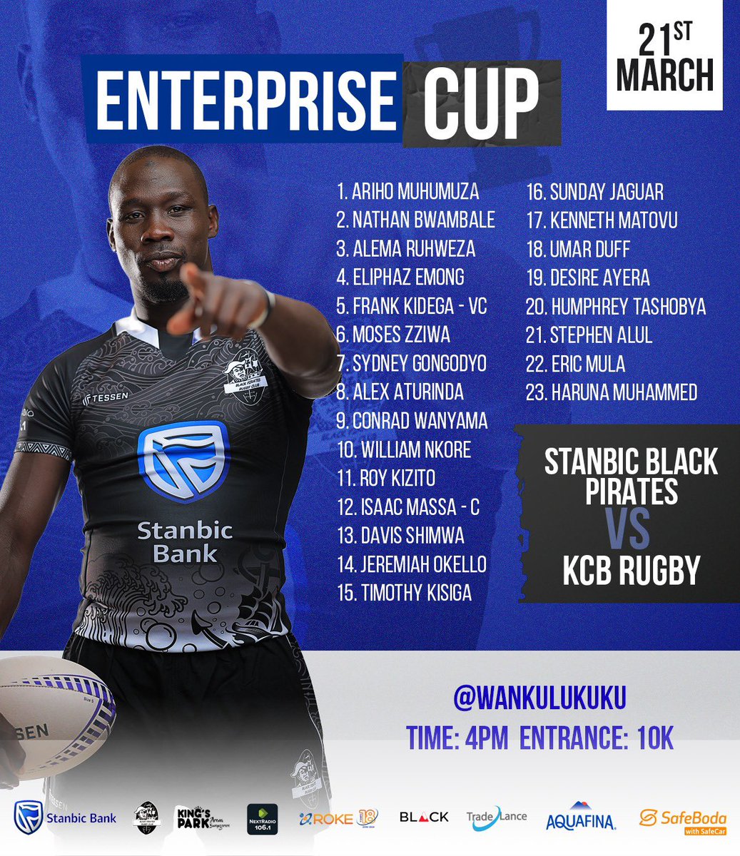 How we sail in the Enterprise cup 2026.

▪️Alema partners with Ariho.
▪️ Roy &amp; Jeremiah return.
▪️ Massa &amp; Shimwa cover the midfield.
▪️ Desire, Tash, Mula back.
▪️ Matovu is on. 

COME ON YOU PIRATES 🏴‍☠️

#StanbicPirates ll #RokeWithPirates ll #VisitKPA ll #PiratesStrong