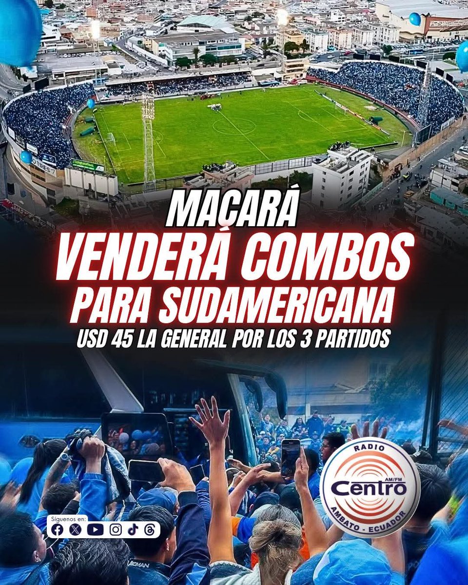 ABONOS 🩵⚽
Listos los precios para la <a href="/Sudamericana/">CONMEBOL Sudamericana</a> de <a href="/Macara_Oficial/">Club Dep. Macará</a> 

General $20 / Abono (3 partidos) $45
Preferencia $25/ Abono $60
Tribuna $30
Palco $50