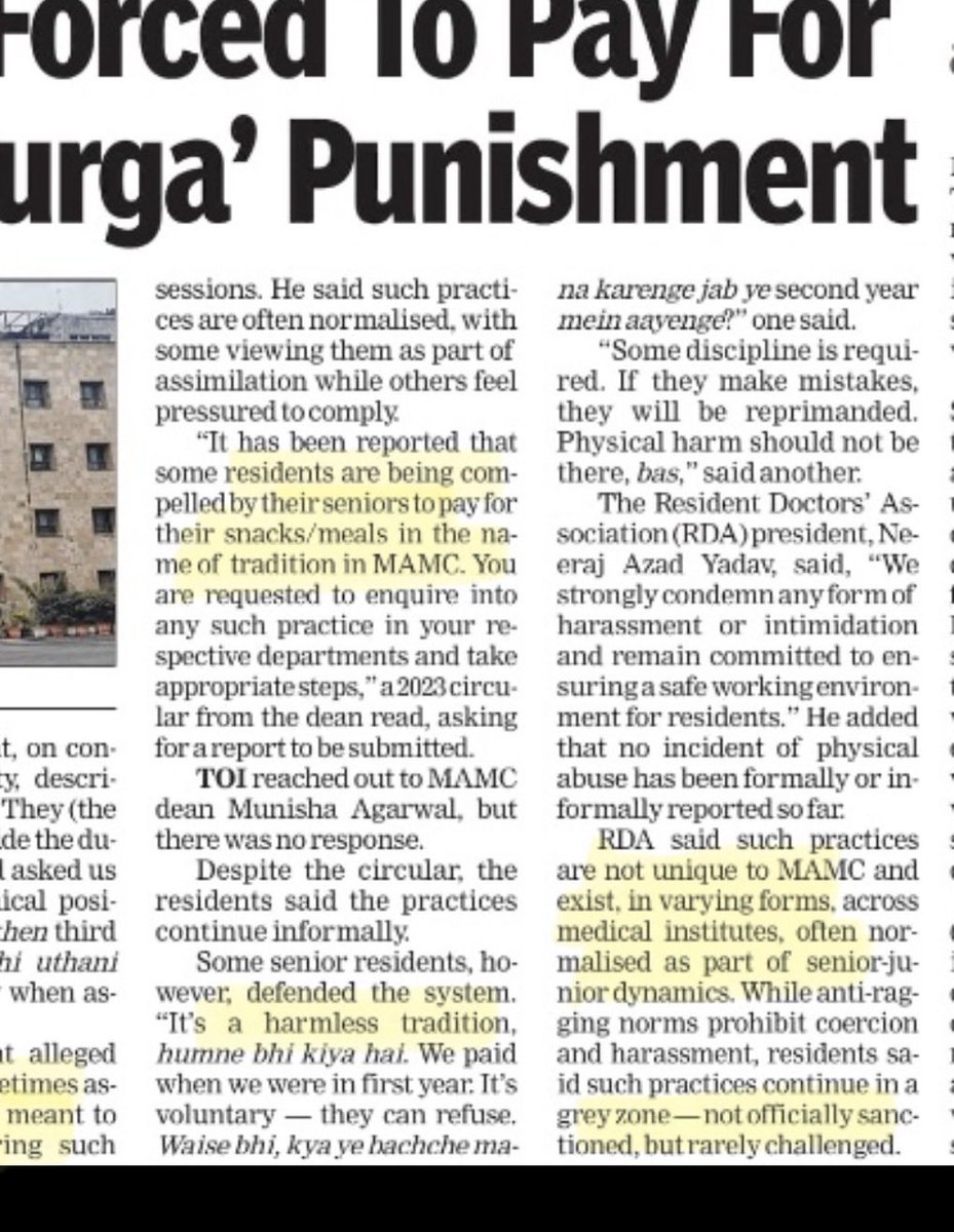 Rishabh2970's tweet photo. Why is this being not discussed at the Institute level? 
MAMC has a rich and respected alumni in Delhi. 
It only tarnishes its image among the medical community. 
Maybe senior doctors from MAMC can raise voice. 
Baaki college mein bhi hota argument is bogus. MAMC is prestigious. https://t.co/QvuclOKimt