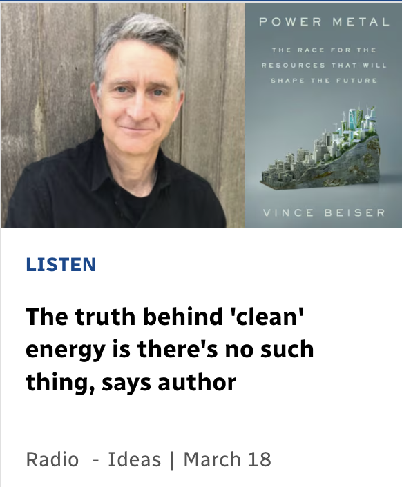 VinceBeiser's tweet photo. "There's no such thing as clean energy," says this Vancouver author. Thanks for having me on, @cbcideas!   
https://t.co/fxvAgpyvbE https://t.co/rflXkXvf50