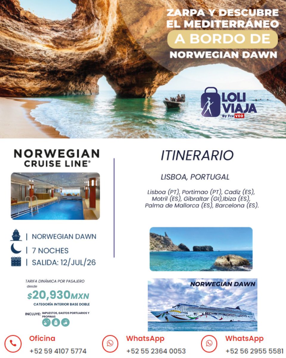 LoliViaja's tweet photo. 🚢 ¡NAVEGA CON NORWEGIAN CRUISE LINE EN 2026! 

1️⃣ Bahamas:
• Miami, Nassau, Great Stirrup Cay

2️⃣ Mediterráneo:
• Lisboa, Ibiza, Barcelona y más

3️⃣ Caribe:
• Miami, Puerto Plata, St. Thomas

✅ Incluye: Impuestos, Gastos Portuarios y Propinas

📲 RESERVA: 55 2364 0053 https://t.co/2anZXKoAC5