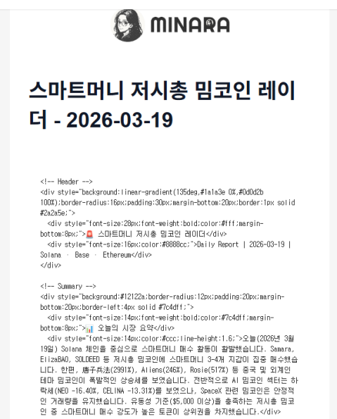mingyu_wtf's tweet photo. 두번째 #MinaraWorkflow 후기 

어제 설정한 워크플로우 메일이 아침에 도착했어요.
기호가 너무 많았지만 요청했던건 모두 잘나와서 도움이 되었습니다😃

오늘은 어제와 비슷하게 
[매일 아침9시에 솔라나,베이스,이더리움에서 생긴지 오래된 밈코인중에 아직도 열심히 활동하는밈코인을 찾아서 알려줘]
으로 심플하게 했어요. 

출시 6개월 이상 + 활발한 거래량 + 홀더 수 + 밈코인 특성 조건으로 필터링으로 해두고 트위터활동 위주로 해뒀습니다

나머지 후기는 내일 메일이 도착 후 올리겠습니다.

@minara