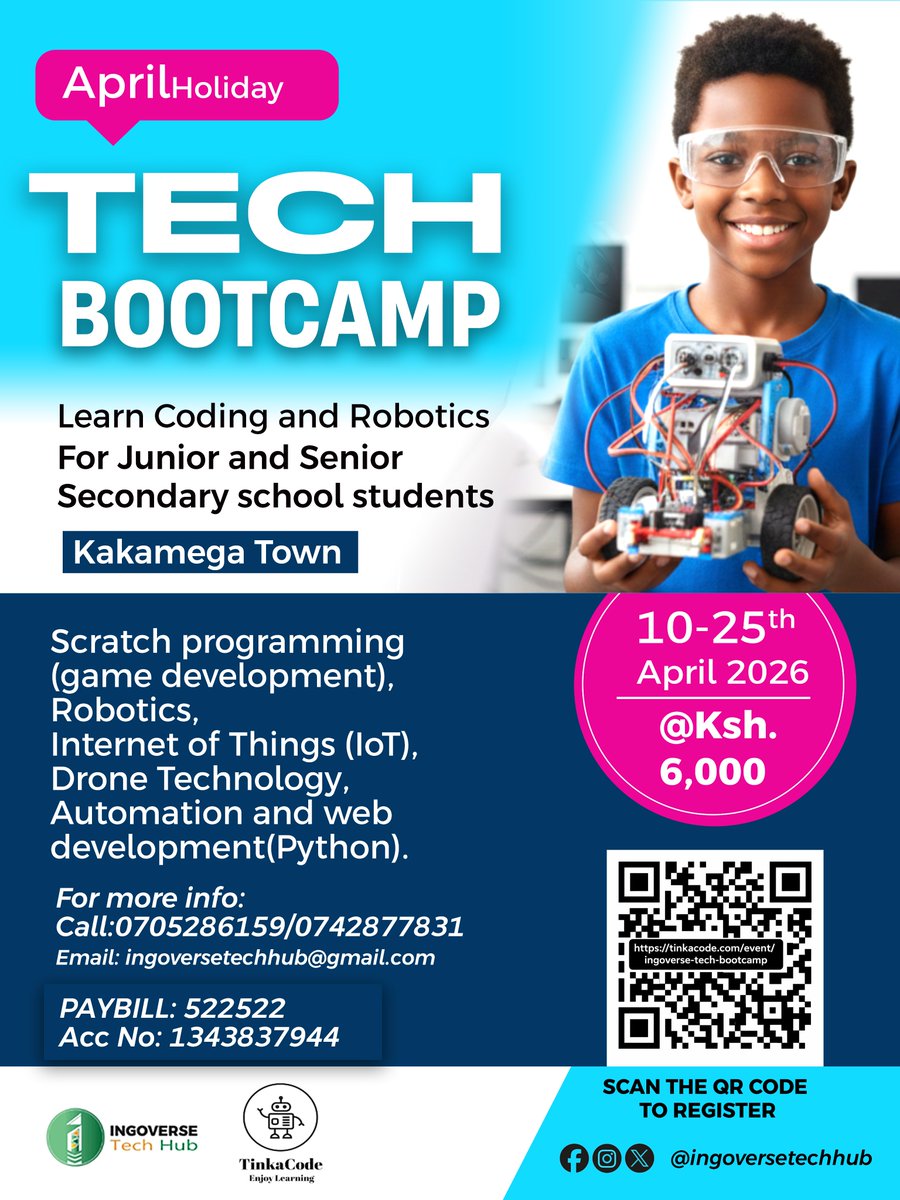 IngoverseTech's tweet photo. This April holiday, give your child a future advantage!
Join the Tech Bootcamp in Kakamega Town and let them learn:
Coding (Scratch &amp; Python), Robotics, IoT, Drone Technology, Automation, April 10–25, 2026
Perfect for junior &amp; senior secondary students
#techskills #Innovation https://t.co/Tn27sUlFpl