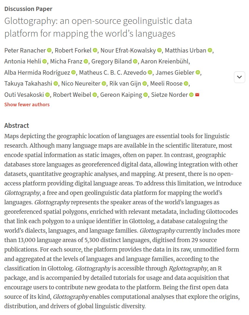 up_johd's tweet photo. #johdpapers 
Newly published #discussionpaper 
📚 "Glottography: an open-source geolinguistic data platform for mapping the world’s languages"
➡️ https://t.co/c1Jq1VEX8C
👉 @UZH_SPUR
#Linguistics #OpenData #CLDF #LanguageMapping https://t.co/u2jLHd3DTB