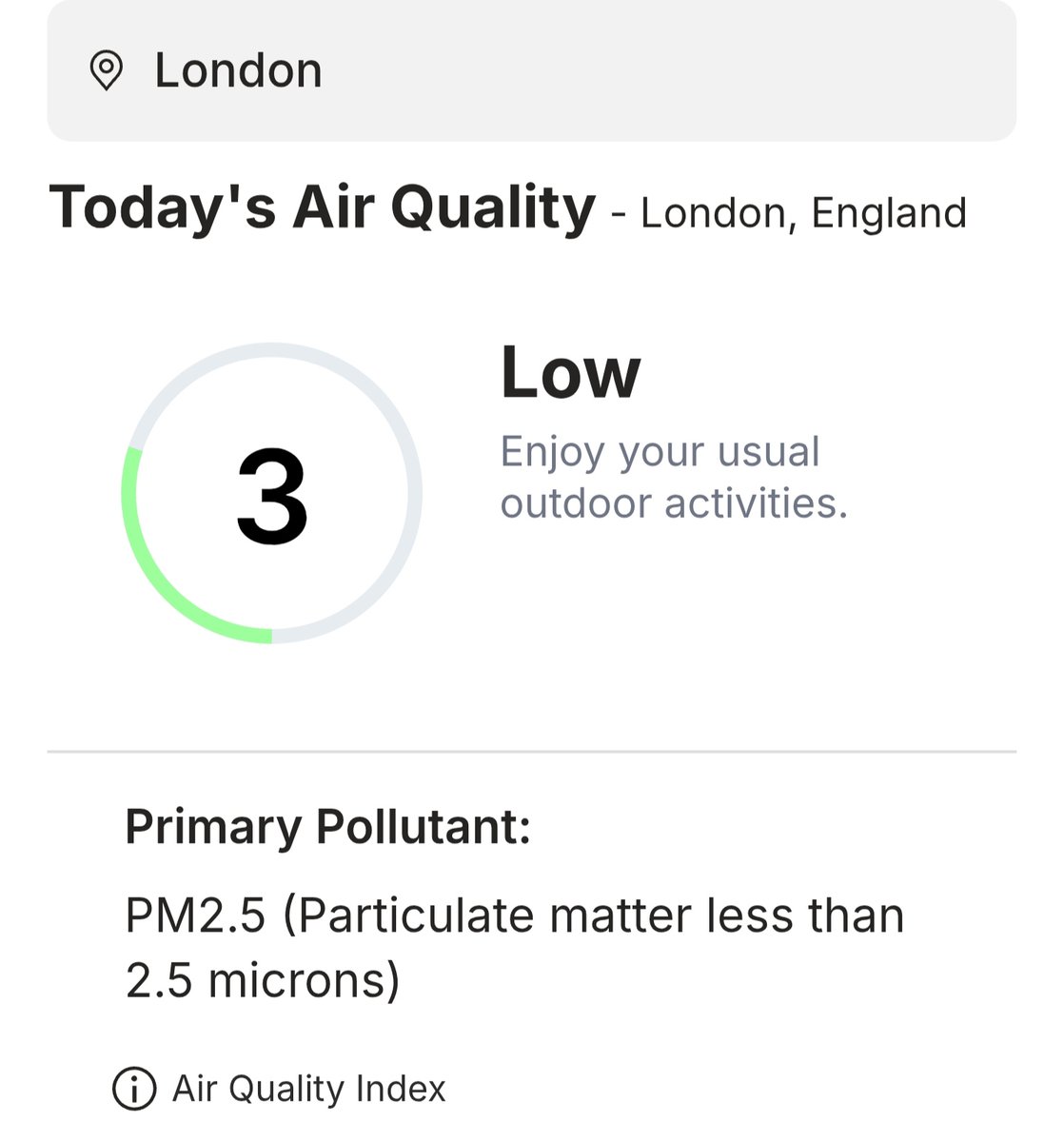 Wow!
Look at the AQI in London 😍❤️
It's Just '3'.

0-50 is good but we have just 3.
You can literally breath outside.

#London #AQI
