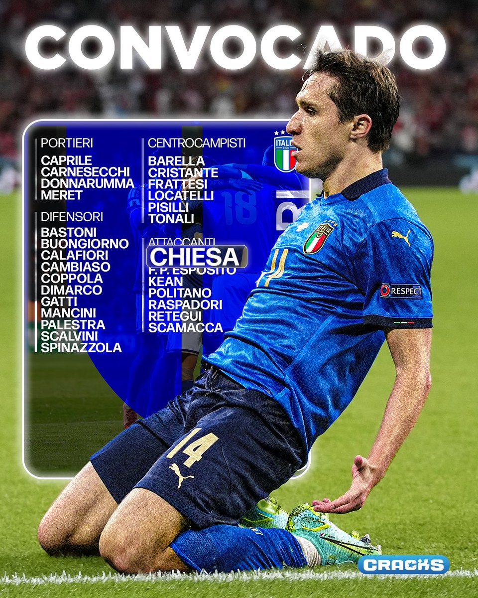 ESTÁ DE VUELTA 🇮🇹

Federico Chiesa regresa a la Selección de Italia para disputar los playoffs rumbo al Mundial, tras casi dos años sin jugar con la azzurra.

También entra en la lista Sandro Tonali pese a sus recientes molestias.

📅 Italia enfrentará a Irlanda del Norte el 26
