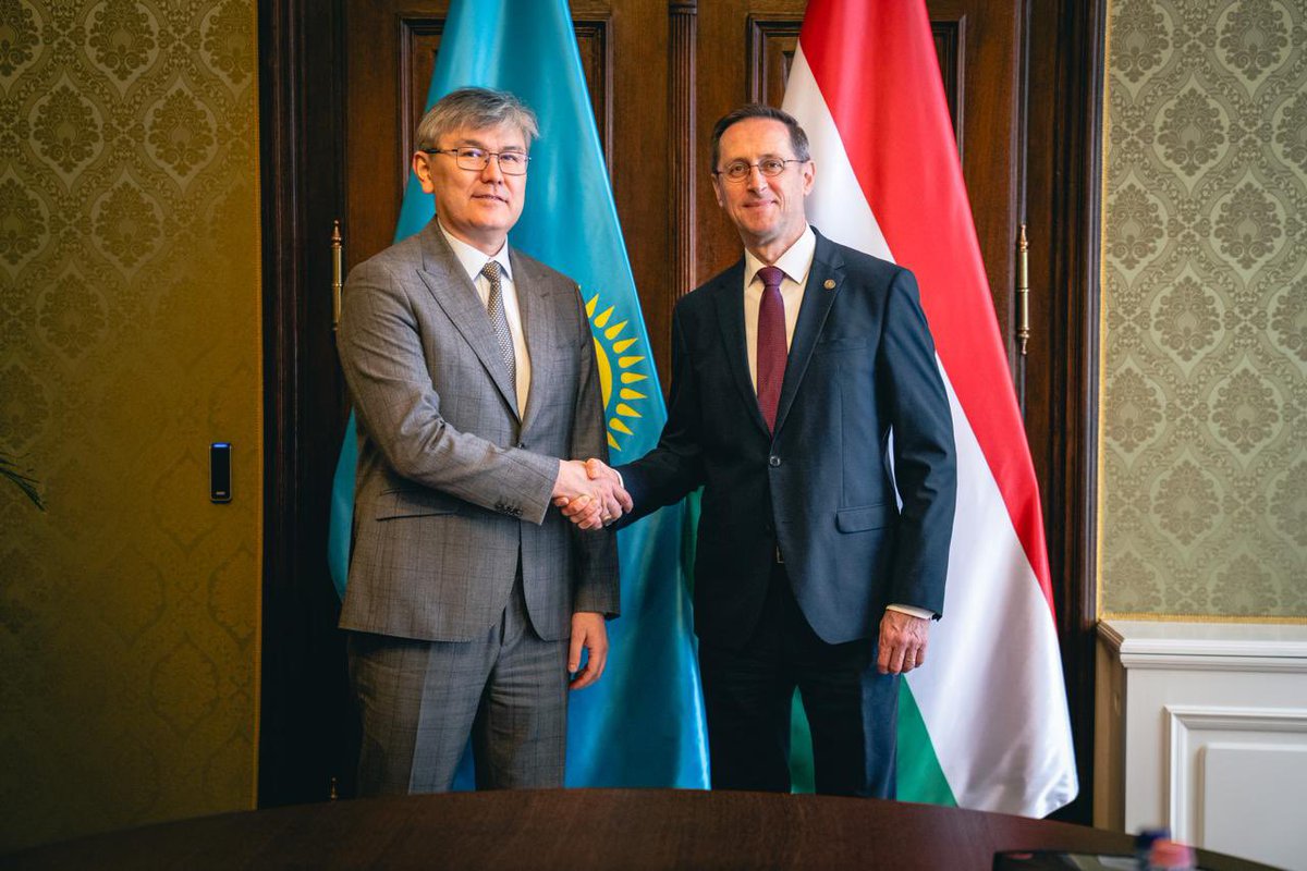 KazEmbassyBud's tweet photo. March 19, Budapest — Ambassador Abzal Saparbekuly met with Central Bank Governor Mihály Varga to boost #Kazakhstan–#Hungary cooperation, focusing on #economy, #investment, and central bank ties. https://t.co/0mgwP9B9Vf