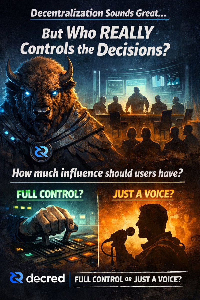 DecredAF's tweet photo. Most people say they want decentralization.
But when it comes to actual control,
upgrades, funding or decisions.

How much influence should users really have?
Full control?
Or just a voice? https://t.co/V22ete937v