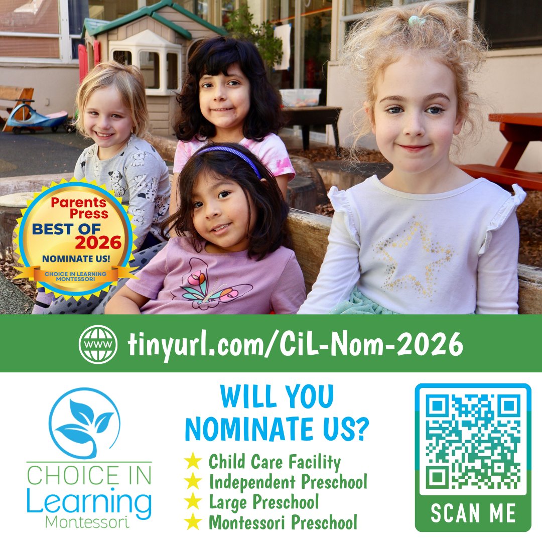 Will you nominate Choice in Learning for <a href="/ParentsPressEB/">Parents Press</a>'s #BestOf2026?

💙 We'd love your vote in all four categories:
tinyurl.com/CiL-Nom-2026

⭐ Child Care Facility
⭐ Independent Preschool
⭐ Large Preschool
⭐ Montessori Preschool

Thank you for supporting us!